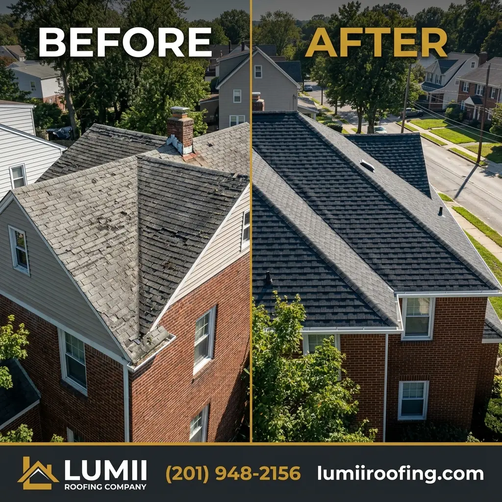 Side-by-side before and after of a Northern NJ roof transformation