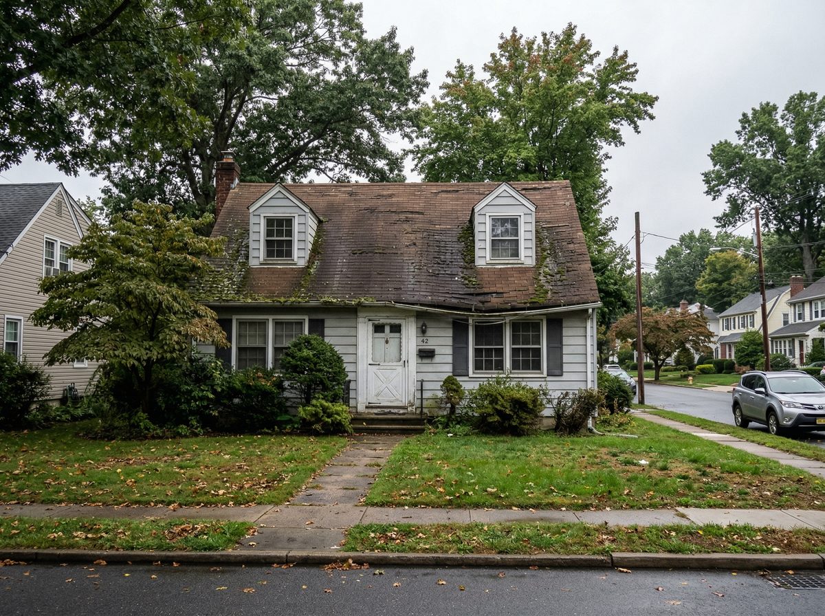 Before shingle replacement on Cape Cod home in Teaneck NJ